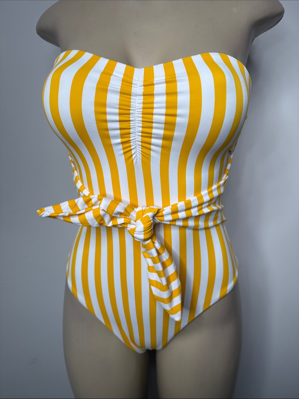 Onia Yellow & White Striped Bandeau One-Piece with Waist Tie